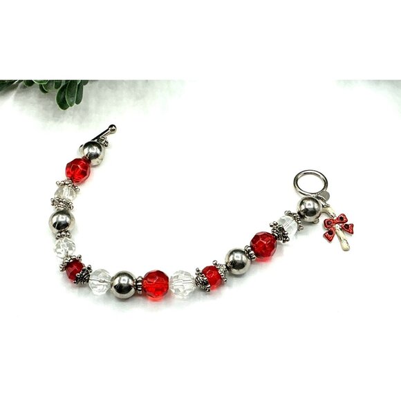 Beaded Bracelet Red and Clear With Silver Accents and Candy Cane Charm - Picture 7 of 8